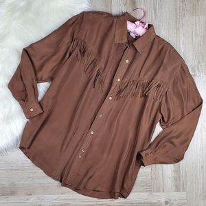 Vintage brown silk fringe button up